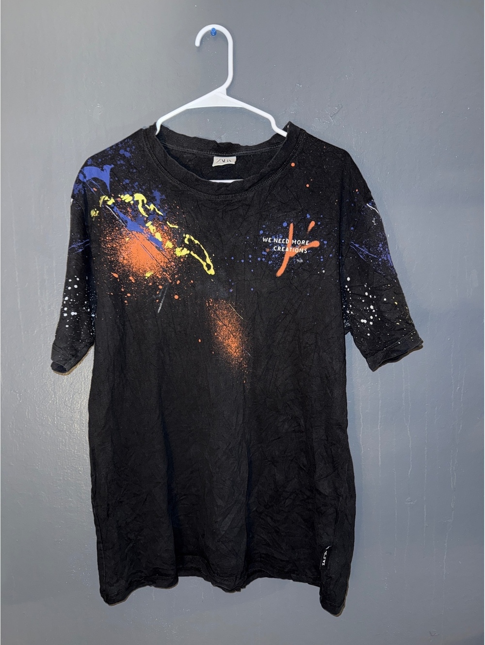 Zara Painted Series Black Graphic T-Shirt with Colorful Splatter Design